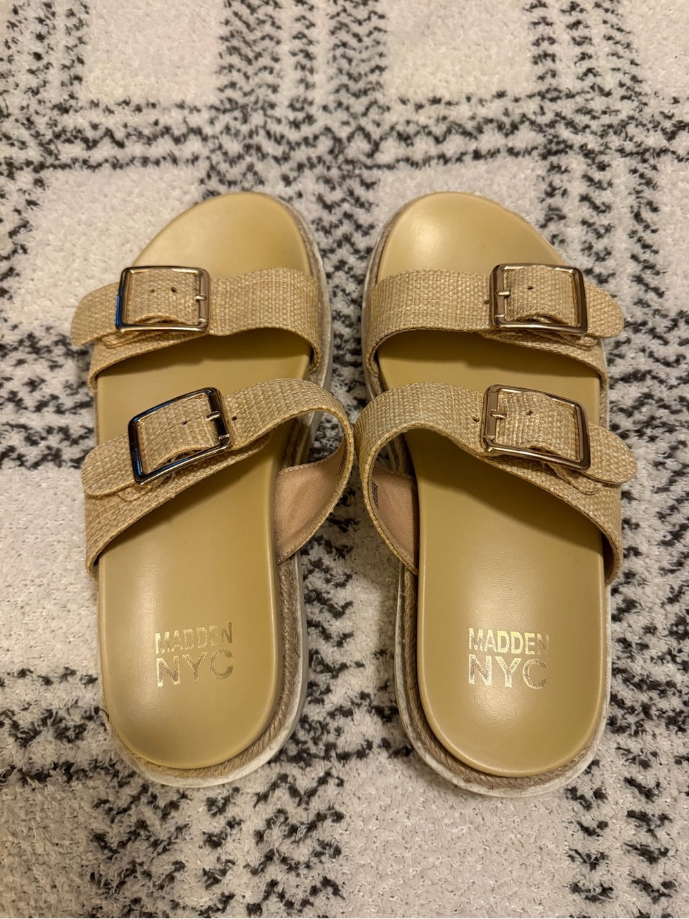 Madden NYC Women's Tan Dual-Buckle Slide Sandals